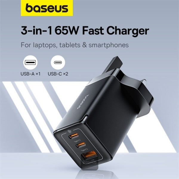 Baseus GaN5 Pro 65W 3 Port Fast Charger | 2 Type-C + USB-A, UK