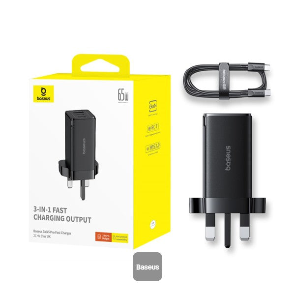 Baseus GaN5 Pro 65W 3 Port Fast Charger | 2 Type-C + USB-A, UK