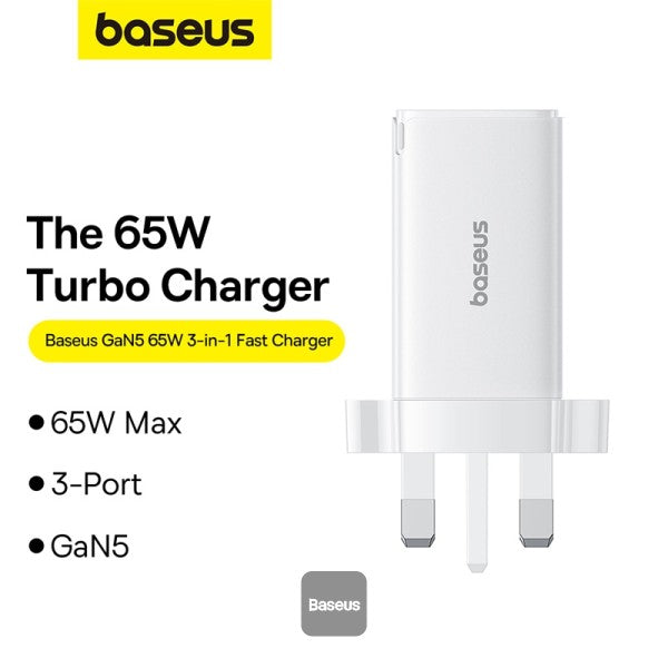 Baseus GaN5 Pro 65W 3 Port Fast Charger | 2 Type-C + USB