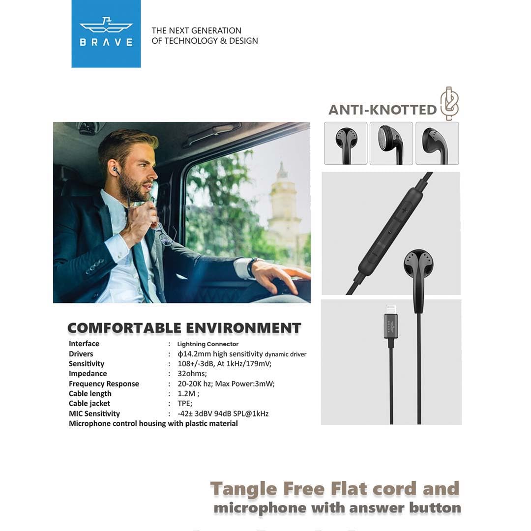 Brave Mono Earphone Mfi Certified Lightning Connector