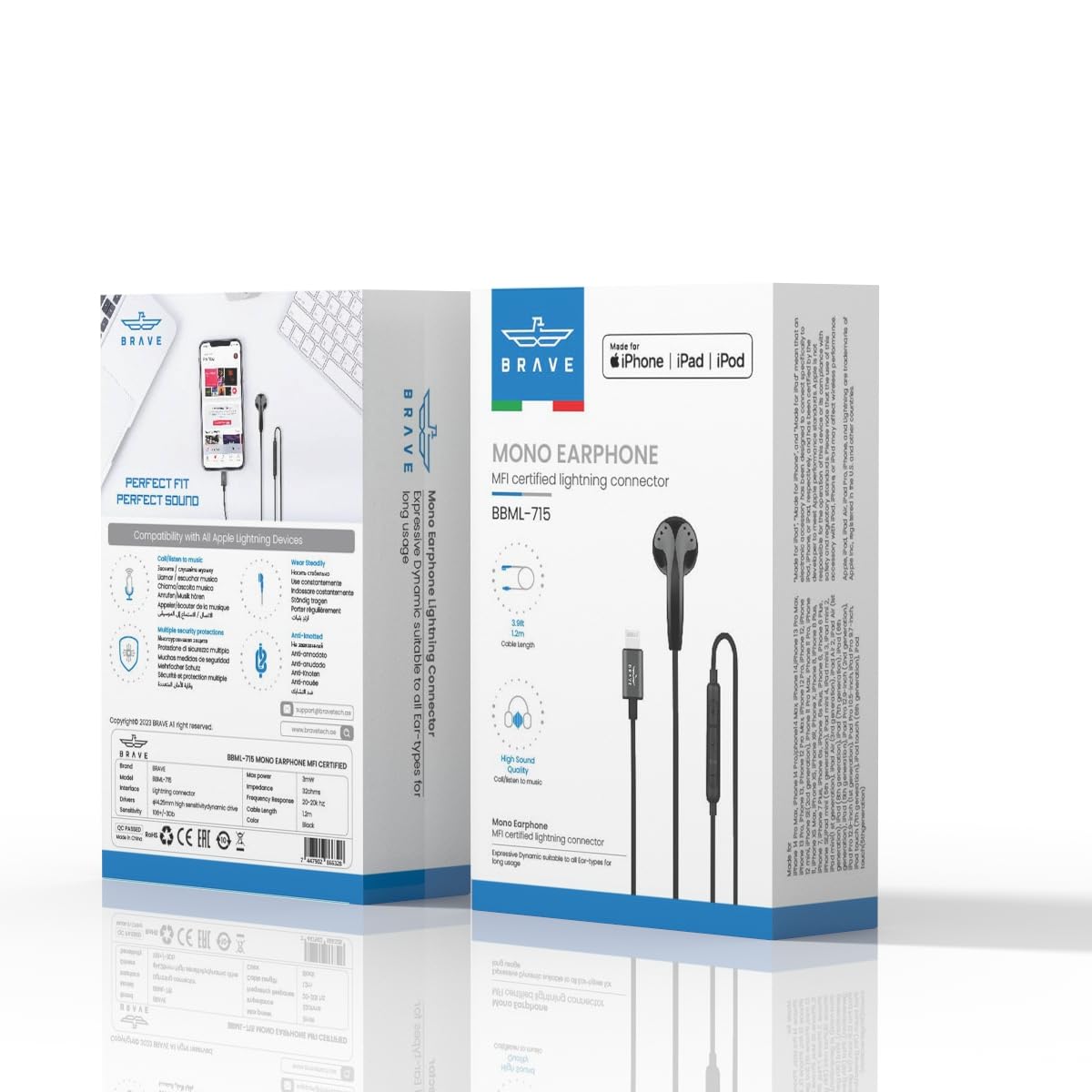 Brave Mono Earphone Mfi Certified Lightning Connector
