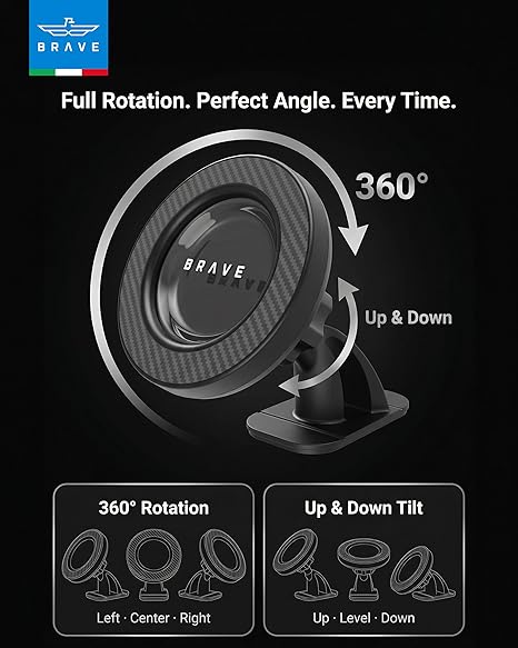 BRAVE 2-in-1 Magnetic Car Phone Holder, MagSafe Compatible Dashboard & Air Vent Mount, 360° Rotation, Strong N52 Magnet