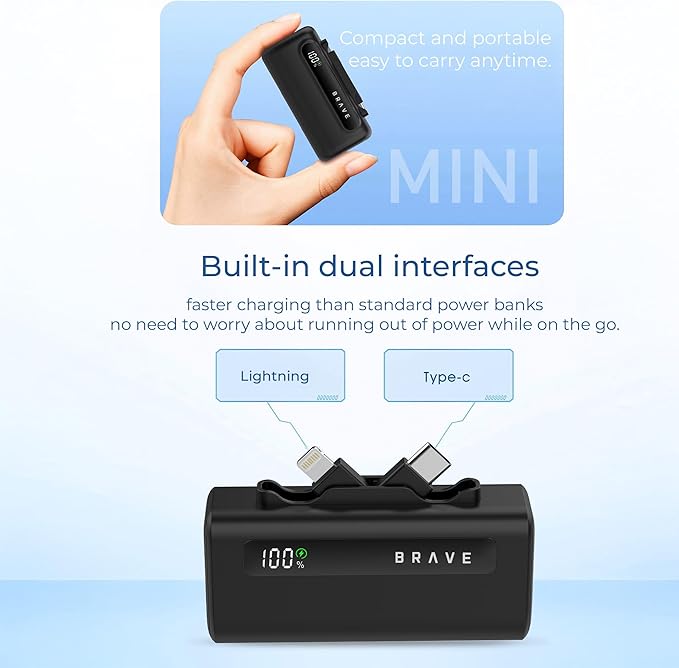 Brave Compact Power Bank 4-in-1 with Charging Station, 4-Pack 5000mAh External Battery Pack, LED Display, Built-in Type-C & Lightning Connectors, 22.5W