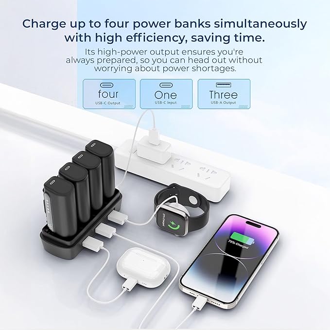 Brave Compact Power Bank 4-in-1 with Charging Station, 4-Pack 5000mAh External Battery Pack, LED Display, Built-in Type-C & Lightning Connectors, 22.5W