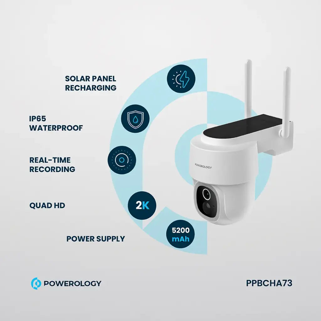 Powerology Outdoor Smart Waterproof 5W Solar Pan/Tilt Camera with 5200mAh and 256GB