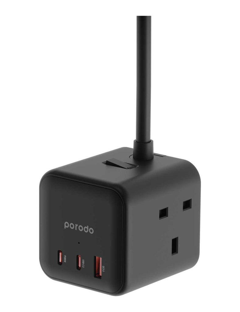 Porodo GaN Power Cube Multi-Port Charger(3 AC 1 USB-A & 2 USB-C PD 65W) 2M UK - Black