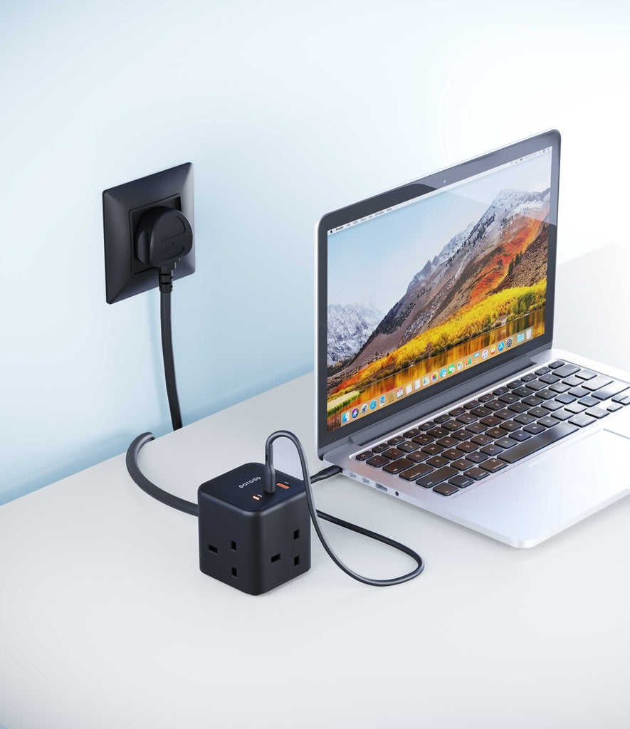 Porodo GaN Power Cube Multi-Port Charger(3 AC 1 USB-A & 2 USB-C PD 65W) 2M UK - Black