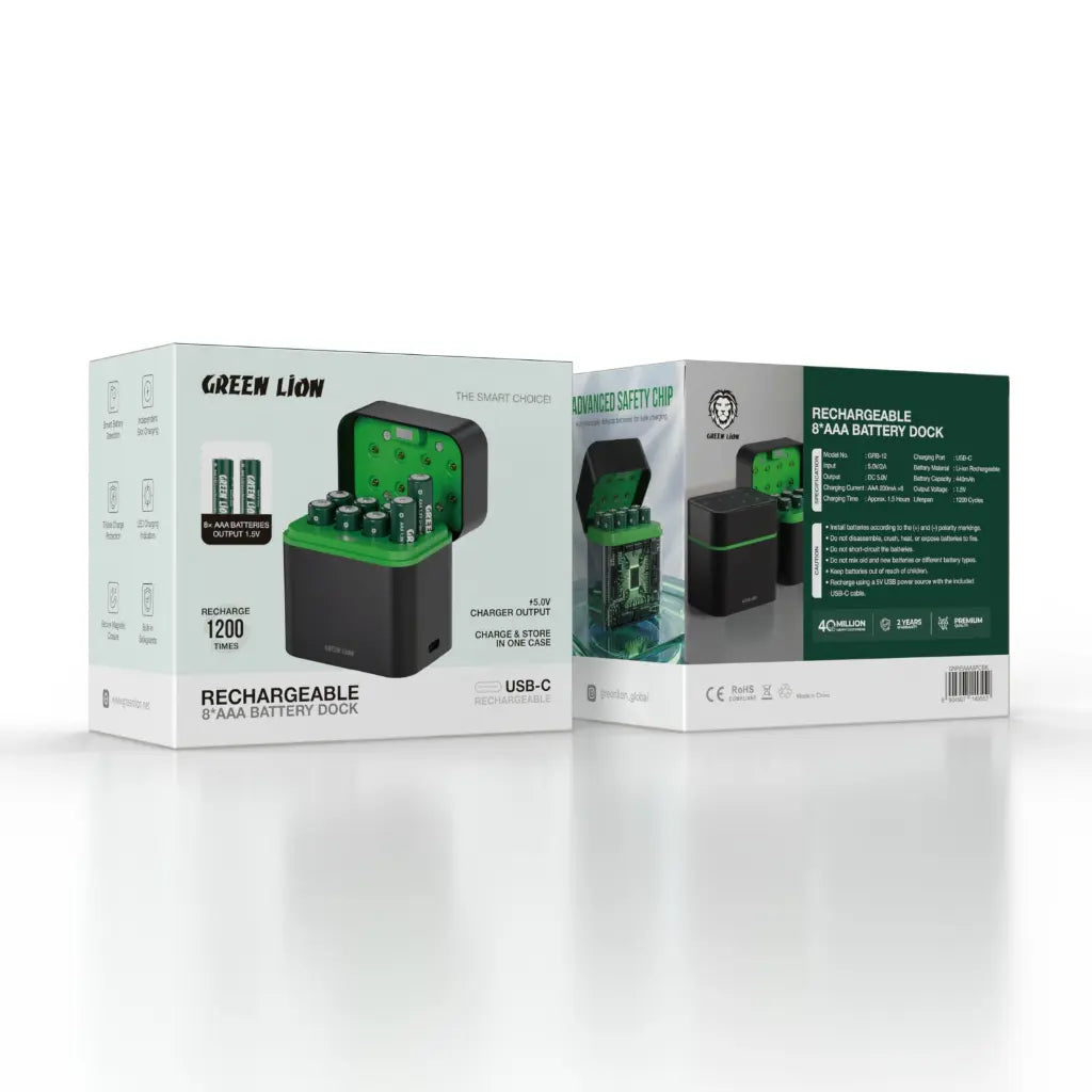 Green Lion - RECHARGEABLE 8*AAA Battery Dock USB-C - Black - TECH STREET