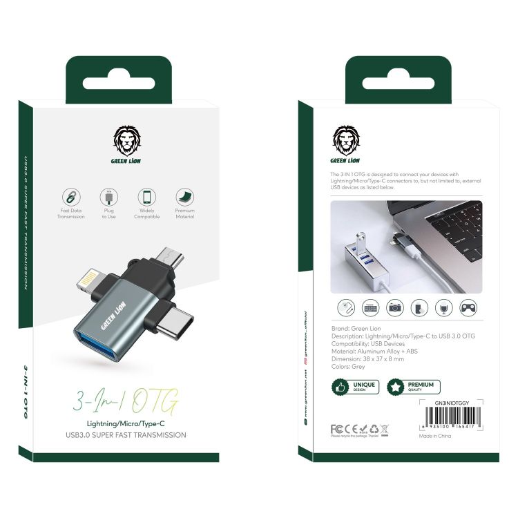 Green Lion 3 in 1 OTG (Lightning / Micro / Type-C) - Gray
