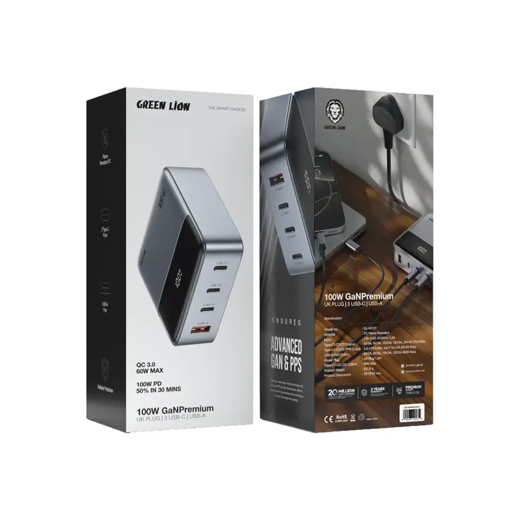 Green Lion 100W GaN Premium UK Plug Adapter