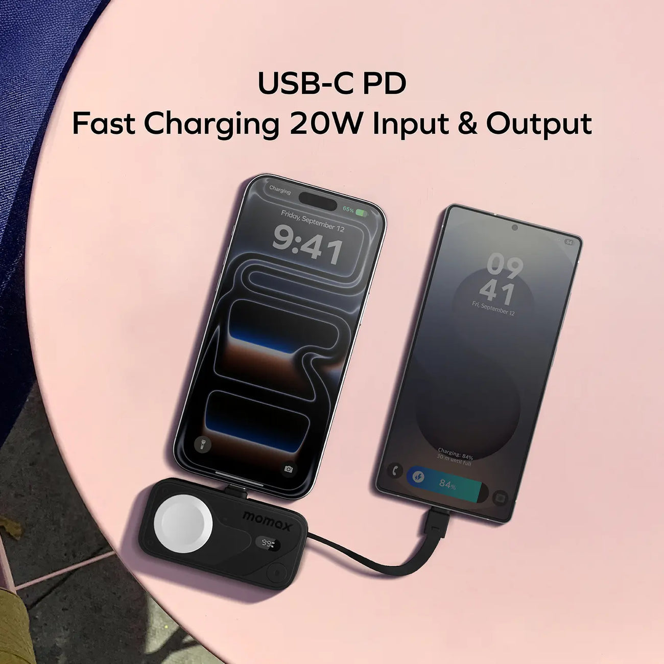 MOMAX 1-Power X Pro Mini⁺ 5000mAh Integrated Foldable USB-C Plug and Built-In USB-C Cable Battery Pack with Apple Watch Fast Charger