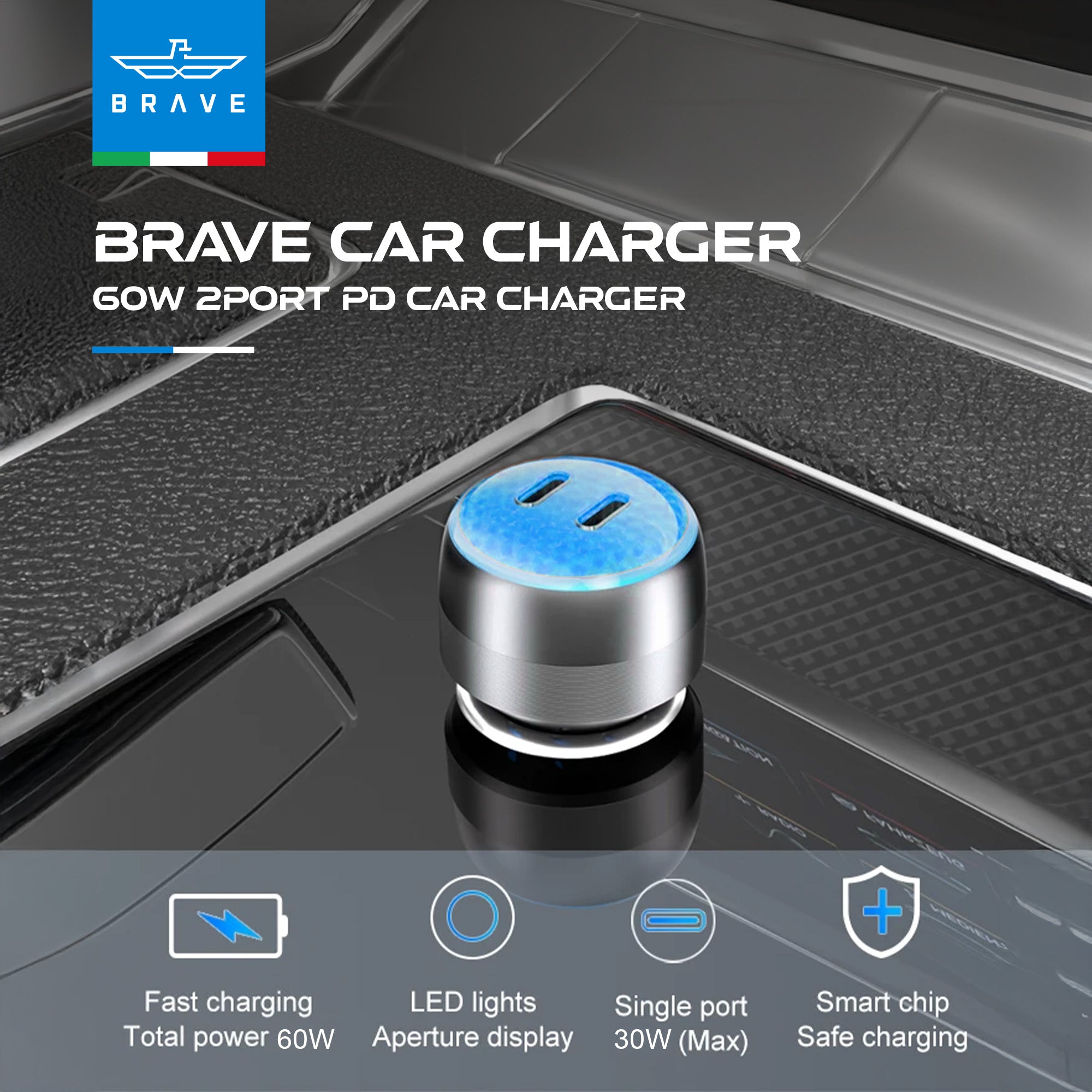 Brave - 60W Dual USB-C Car Charger with 100W USB-C Cable - TECH STREET