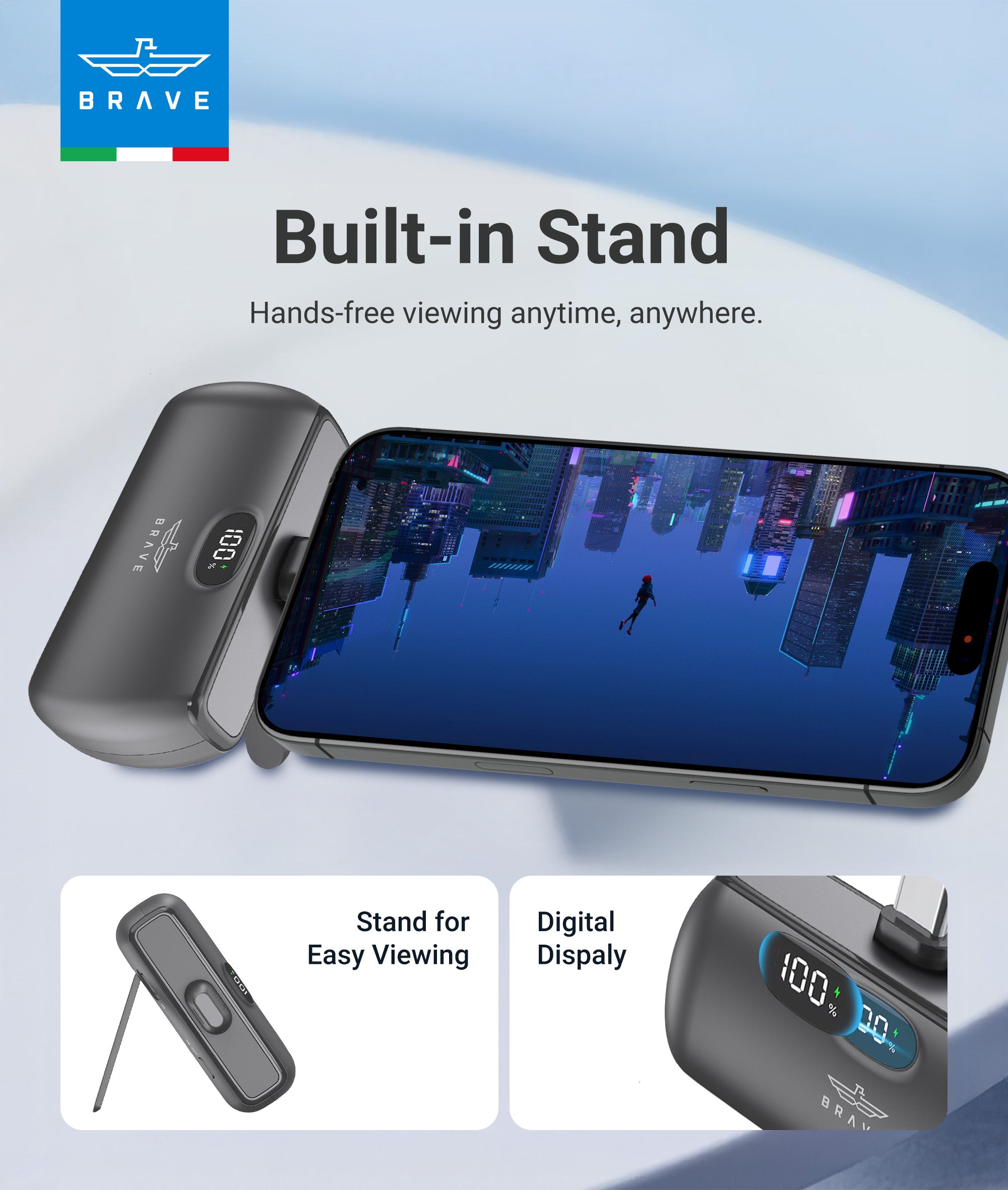 BRAVE - Pocket Pro Mini Power Bank 5000mAh 20W Fast Charging with LED Display, Built-in USB-C, Foldable Stand - TECH STREET