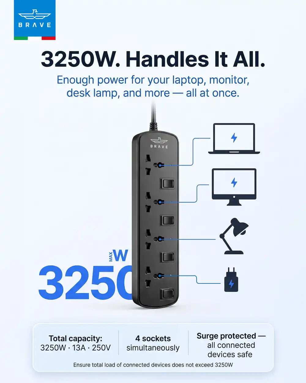 BRAVE - BPS-04 4-Way Universal Power Strip 3250W 13A, 2M Extension Cord, Individual Switches - TECH STREET