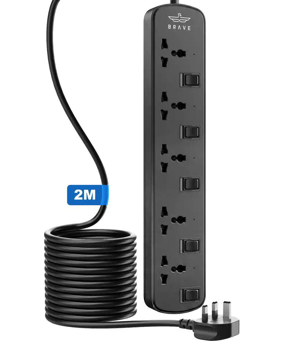 BRAVE - BPS-05 5-Way Universal Power Strip 3250W 13A, 2M Extension Cord, Individual Switches
