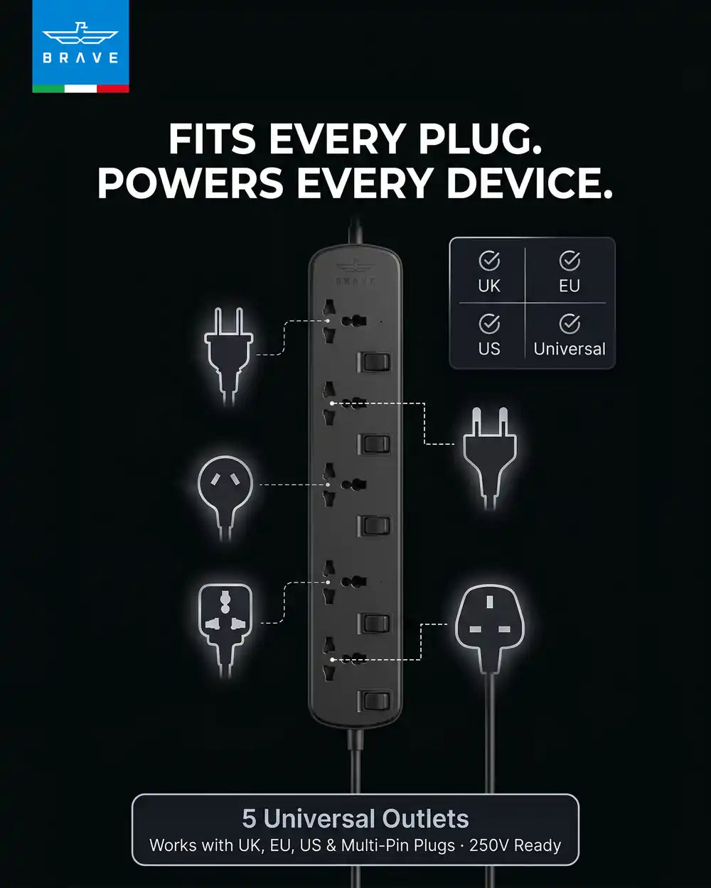 BRAVE - BPS-05 5-Way Universal Power Strip 3250W 13A, 2M Extension Cord, Individual Switches