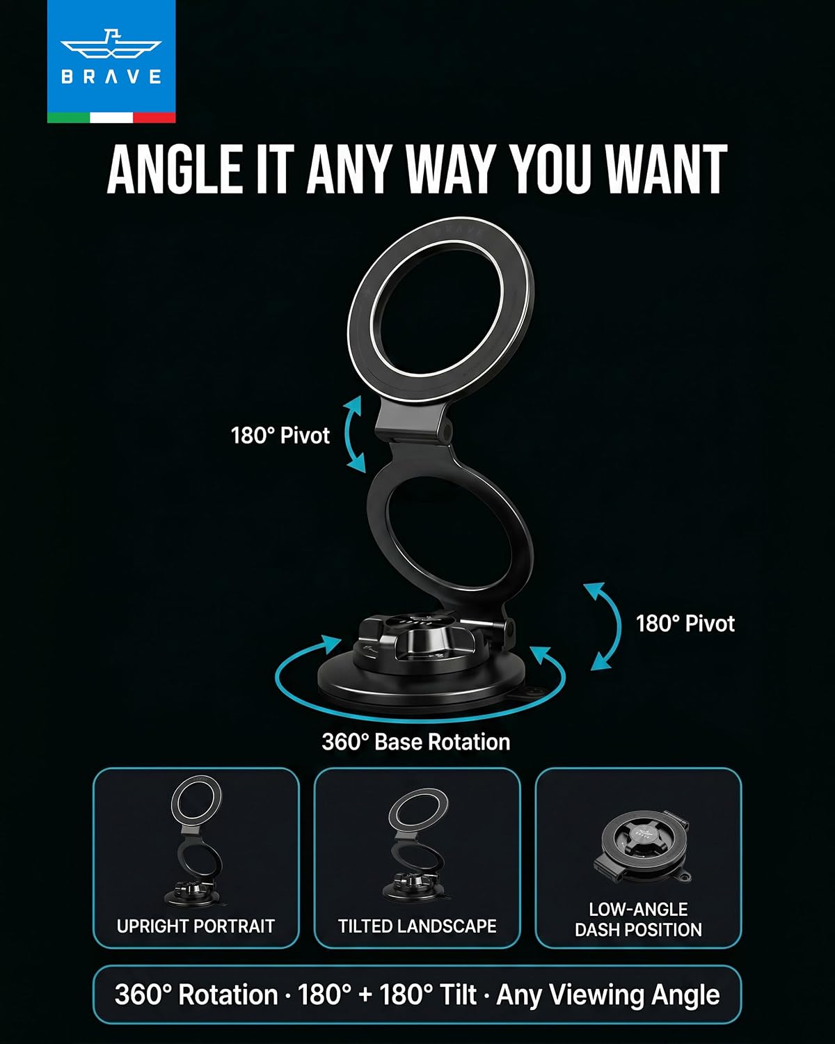 BRAVE Magnetic Vacuum Suction Car Mount | MagSafe Compatible Dashboard & Windshield Phone Holder | 360° Base Rotation Ultra Slim Foldable Stand with Sticky Pad for iPhone 17/16 Pro Max