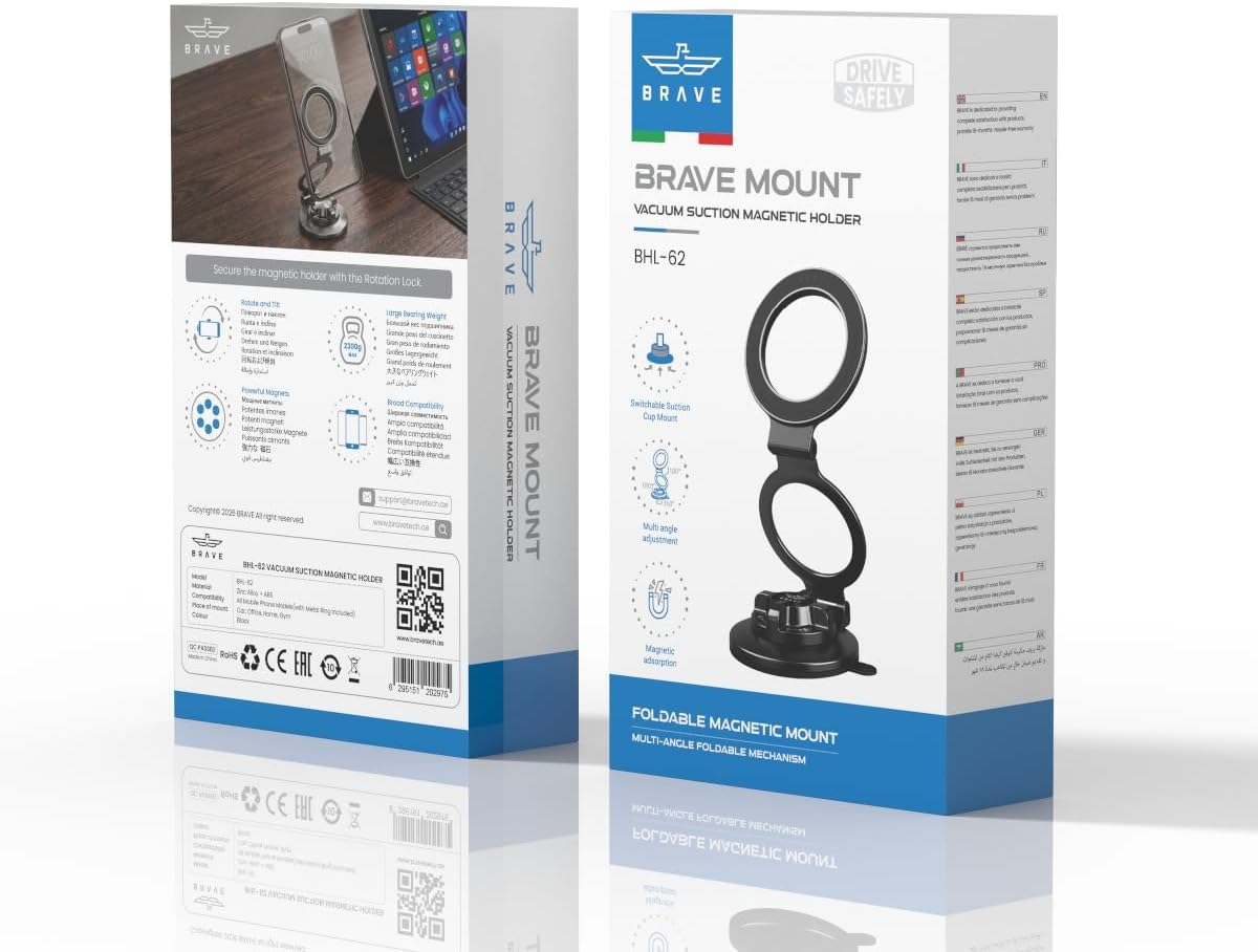 BRAVE Magnetic Vacuum Suction Car Mount | MagSafe Compatible Dashboard & Windshield Phone Holder | 360° Base Rotation Ultra Slim Foldable Stand with Sticky Pad for iPhone 17/16 Pro Max
