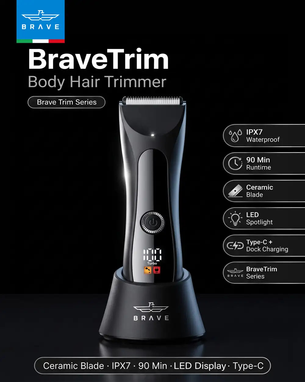 BRAVE BHT-03 Body Hair Trimmer for Men, IPX7 Waterproof, 1200mAh Ceramic Blade Groomer with LED Light, USB-C & Charging Dock