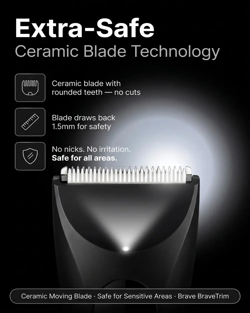 BRAVE BHT-03 Body Hair Trimmer for Men, IPX7 Waterproof, 1200mAh Ceramic Blade Groomer with LED Light, USB-C & Charging Dock
