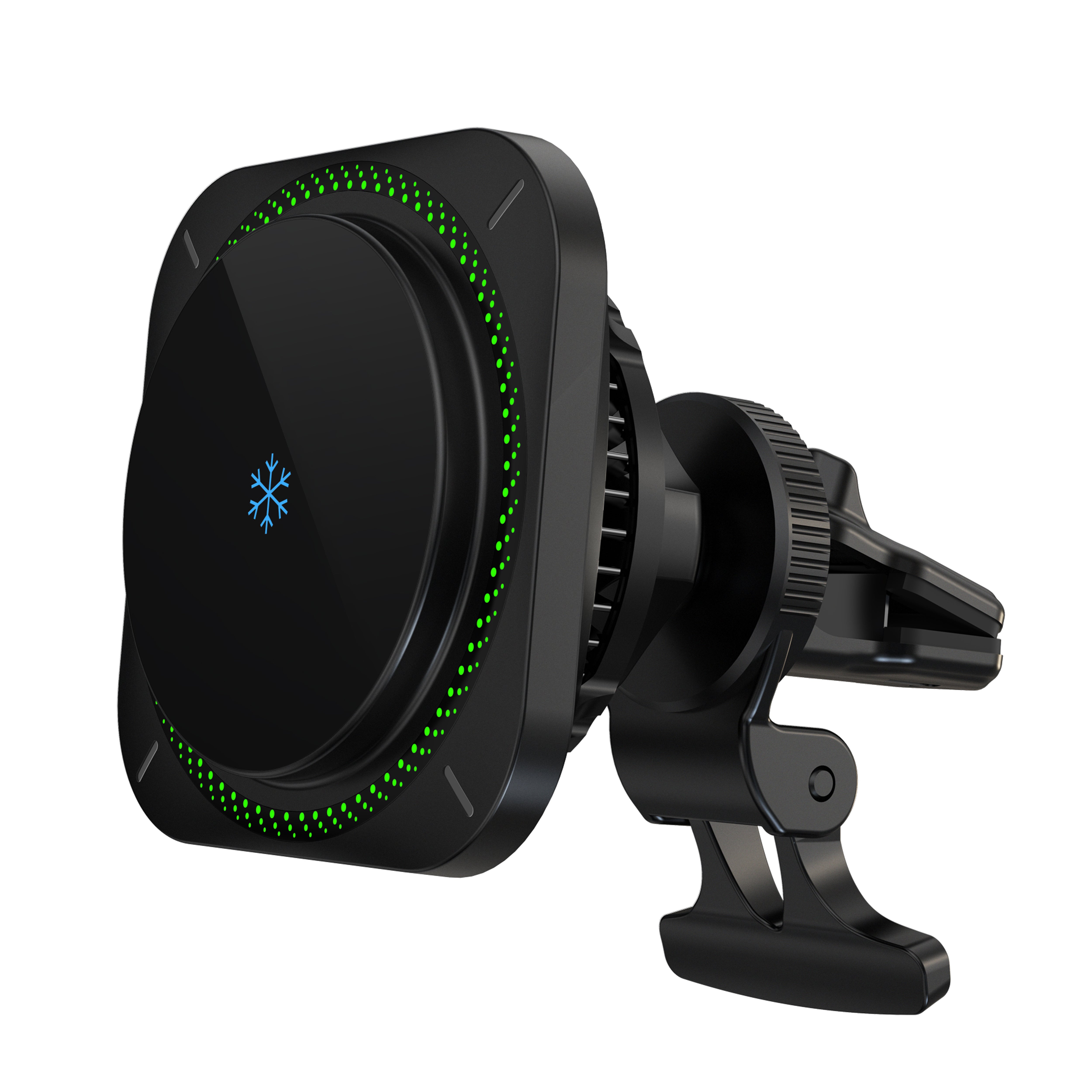 Powerology 15W Square Magnetic Wireless Fast Charging Pad with Airvent & Suction Mountand Car Charger - Black