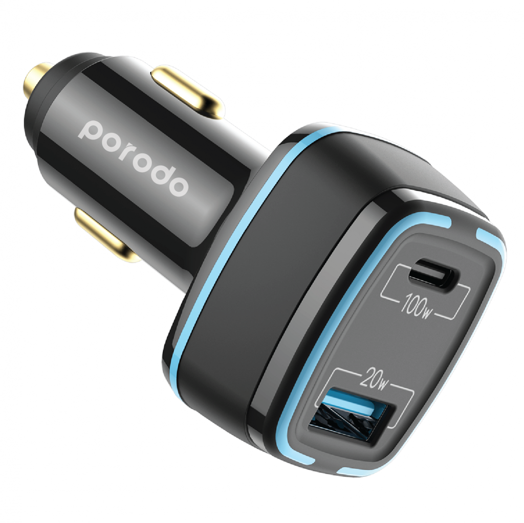 Porodo Dual Port Car Charger QC3.0 22.5W + PD 100W - Black