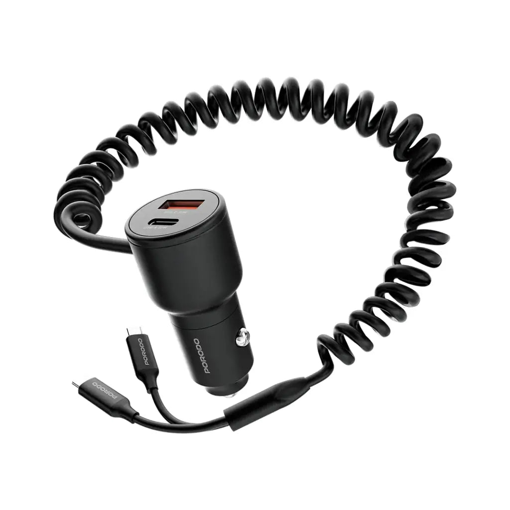 Porodo Dual Port Car Charger Integrated C+C Cables - Black