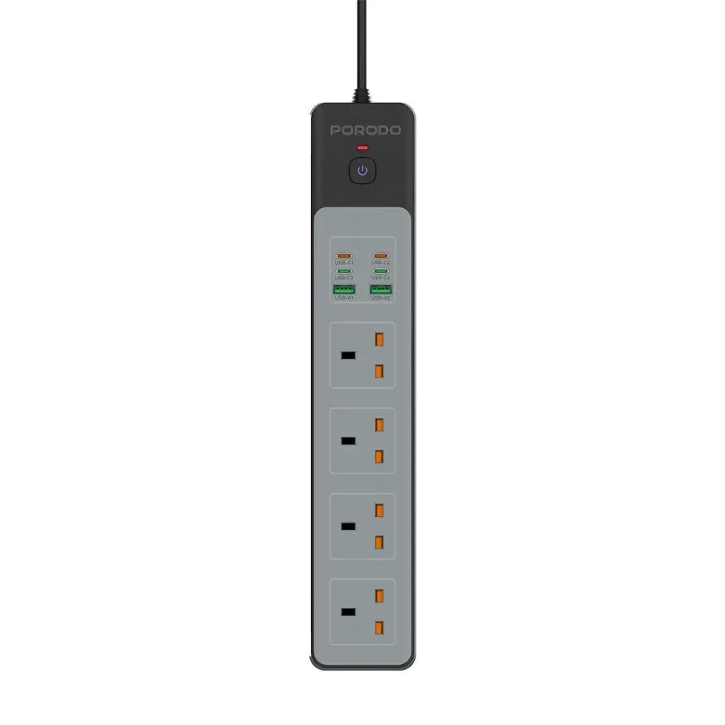 Porodo 4 AC Power Socket with USB A x2 USB C x4 UK 3M Wire - Black