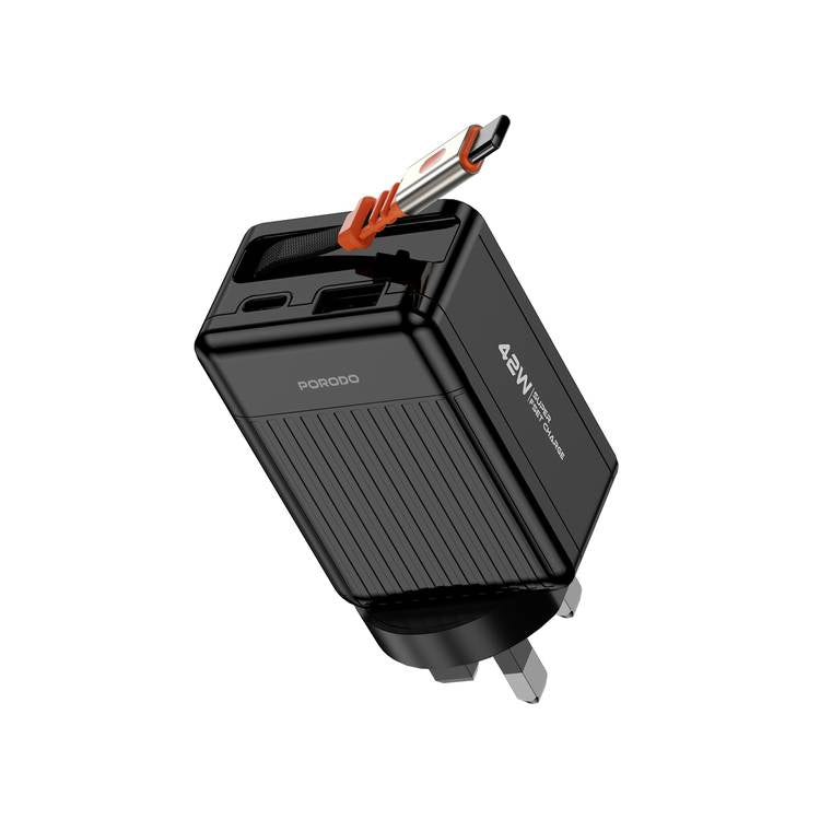 Porodo 42W Retractable 75cm with UK Plug Charger - Black