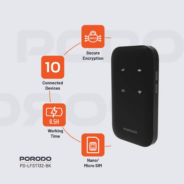 Porodo MIFI 4G Wireless Router 3000mAh Type-CBlack