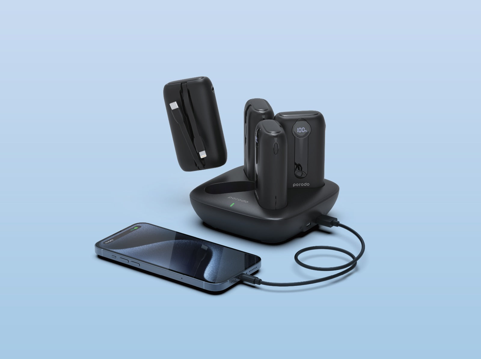 Porodo 4in1 Station 10000mAh PD20W Power Bank with inbuilt cable Type-C and Lighting - Black