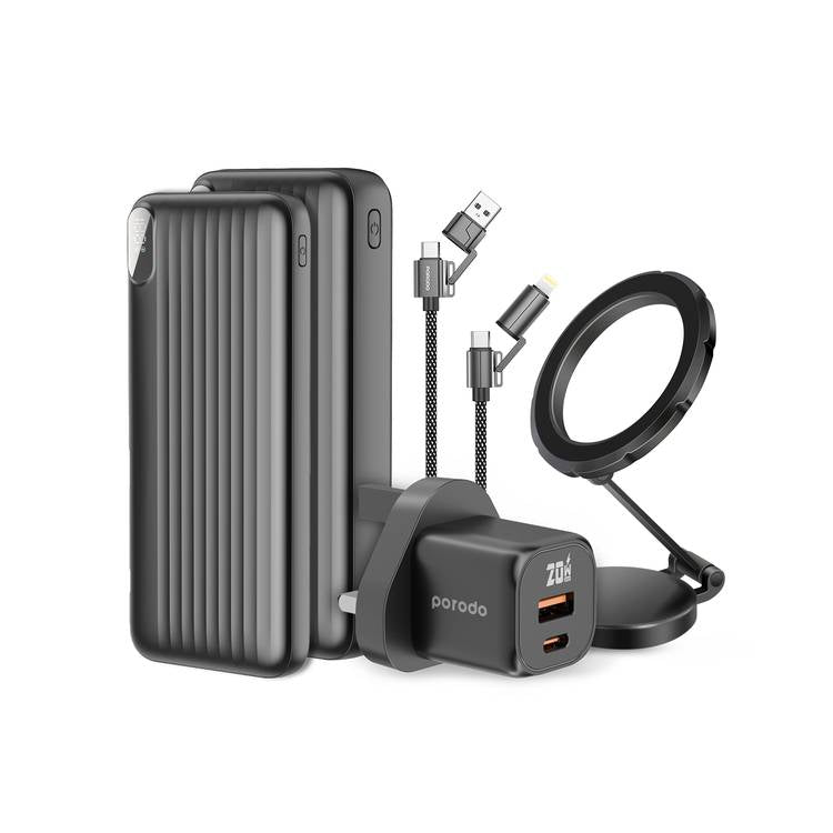 PORODO 5-IN1 TRAVEL COMBO KIT: 2 POWER BANKS, 4-IN-1 CABLE, CHARGE