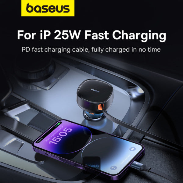 Baseus Car Charger Type-C Port + Type-C & Lightning Retractable Cable 60W Enjoyment Pro Series
