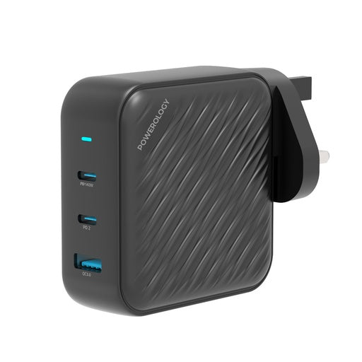 Powerology 140W PD QC 2xUSB-C and 1xUSB-A GaN Charger UK - Black