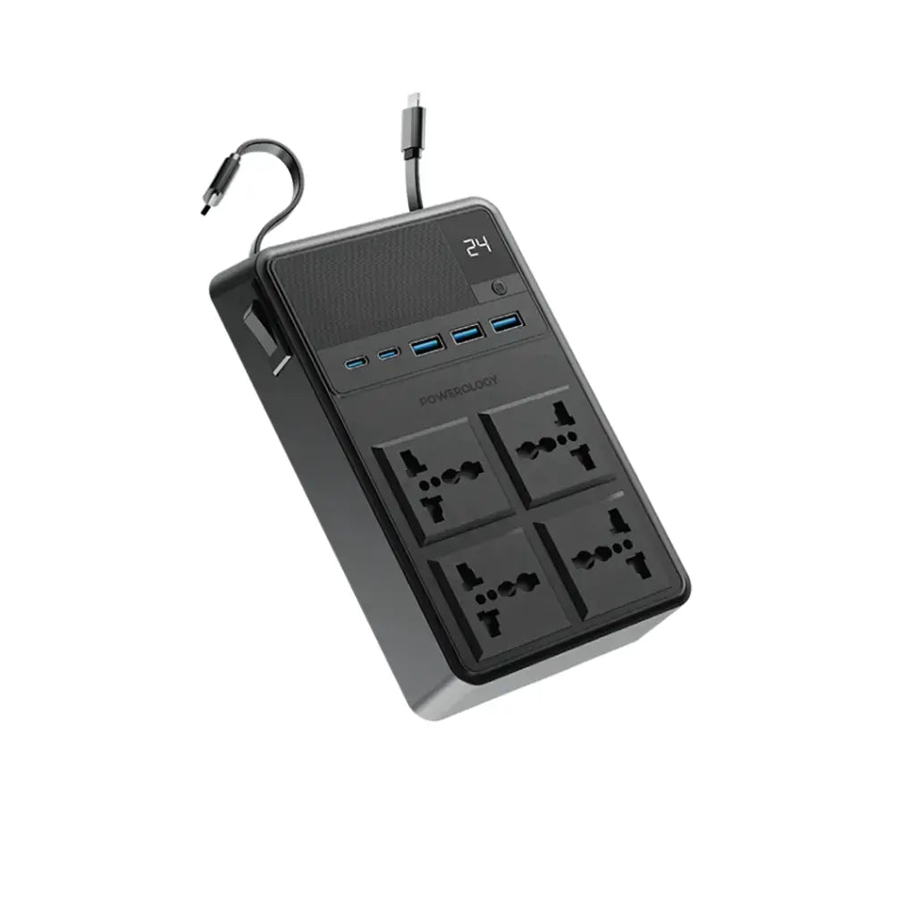 Powerology 4 AC Power Socket With X2 PD20W and X3 QC3.0 Port with USB -C PD20W & Lightning cable (3m wire) - Black