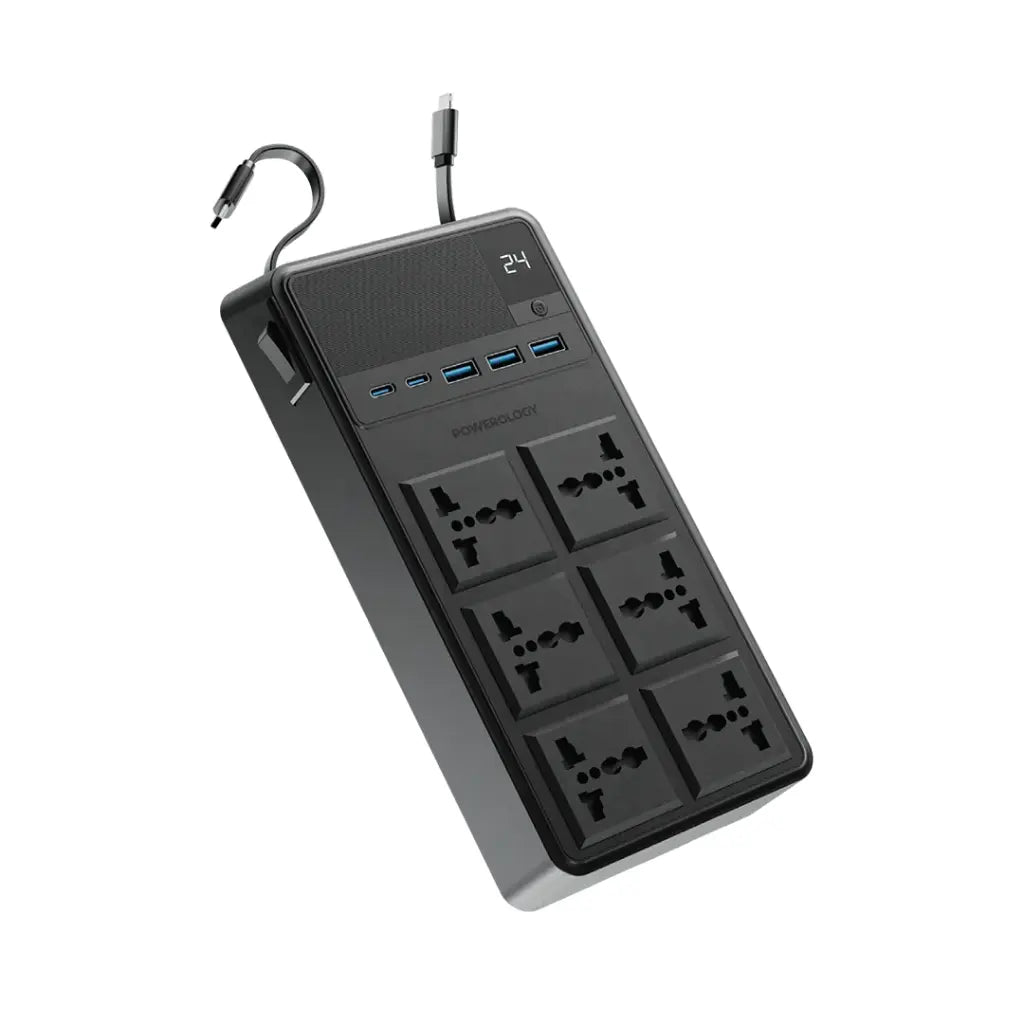 Powerology 6 AC Power Socket With X2 PD20W and X3 QC3.0 Port with USB -C PD20W & Lightning cable (3m wire) - Black