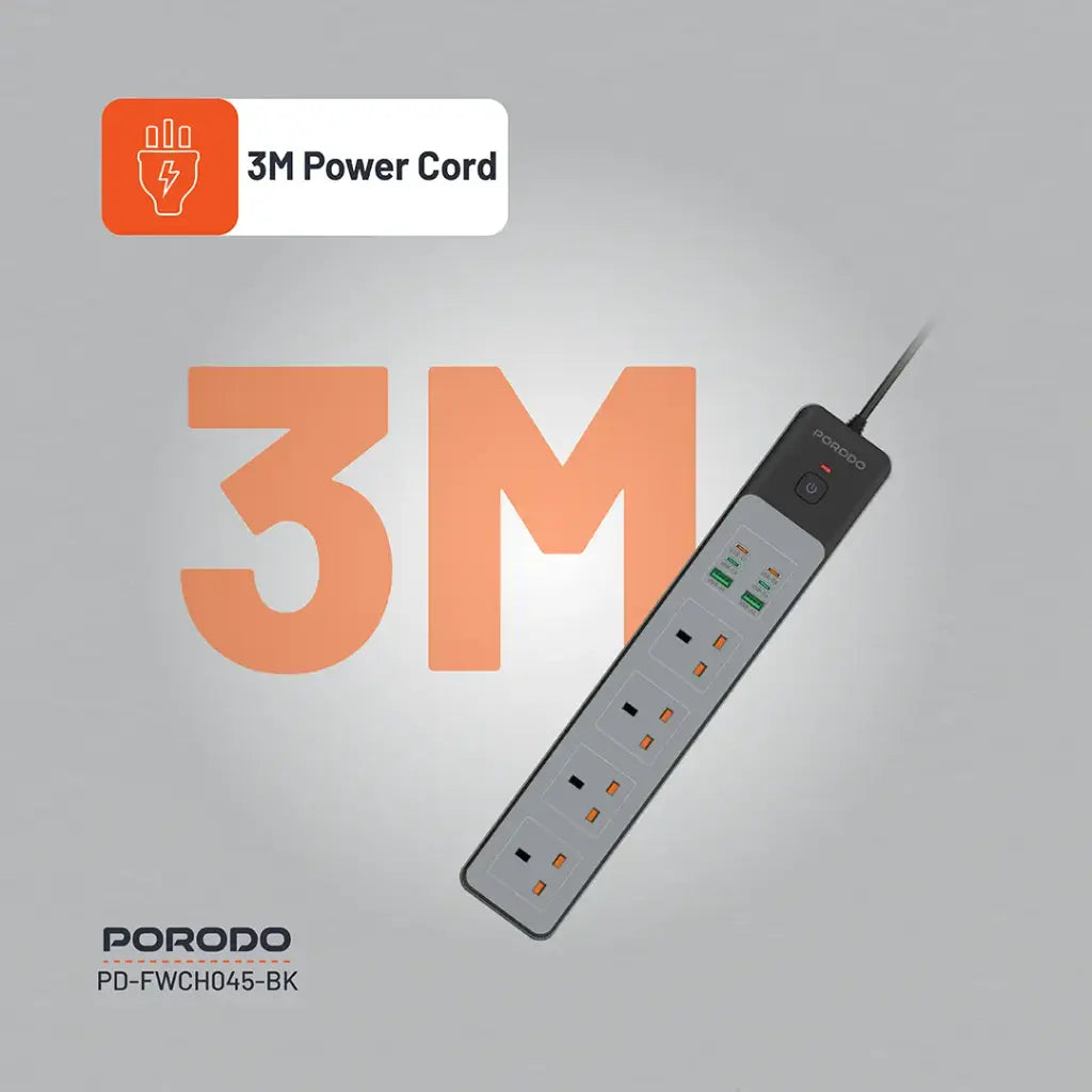 Porodo 4 AC Power Socket with USB A x2 USB C x4 UK 3M Wire - Black