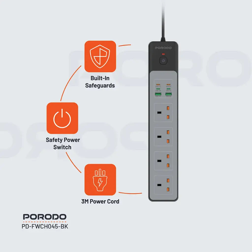 Porodo 4 AC Power Socket with USB A x2 USB C x4 UK 3M Wire - Black