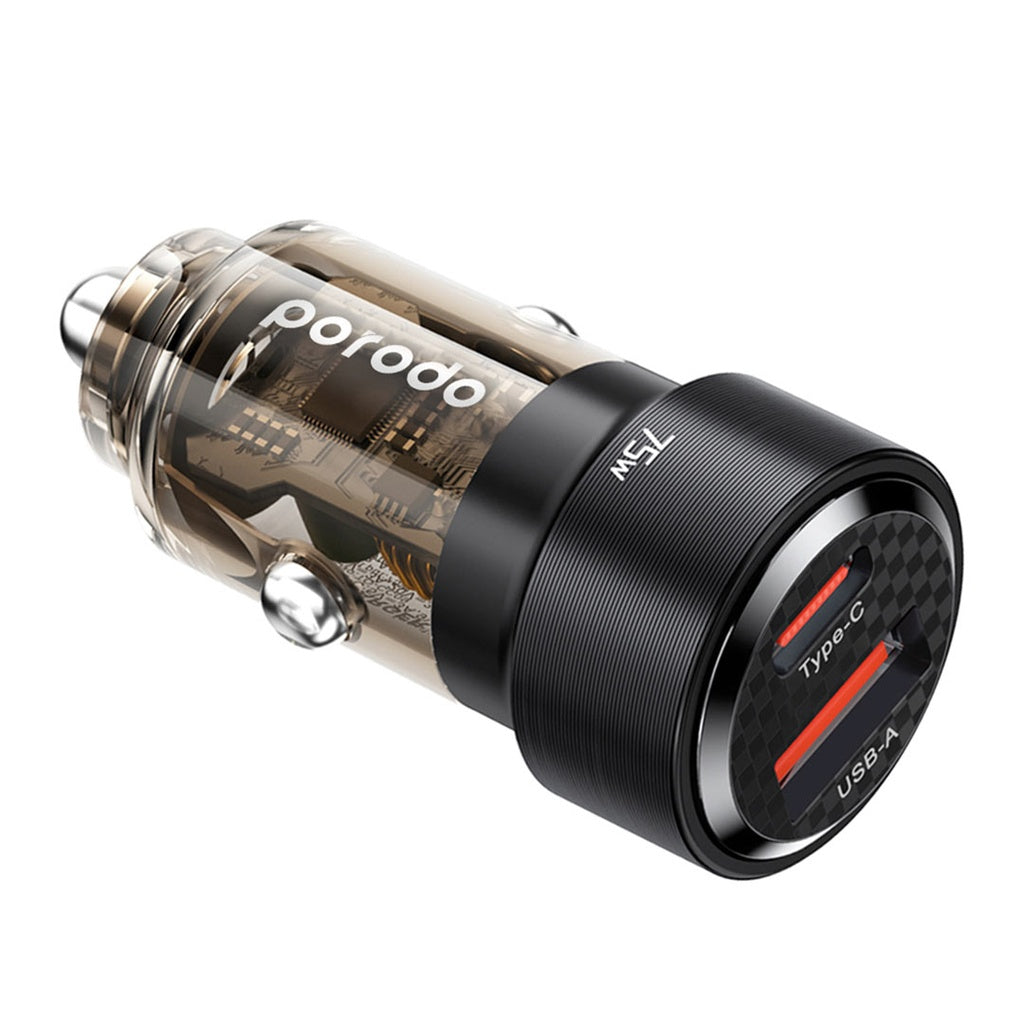 Porodo 75W Transparent Dual Port Car Charger PD 45W QC 30W