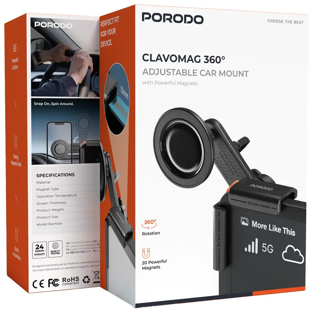 Porodo - Clavomag 360° Adjustable Car Mount with Powerful Magnets Black - TECH STREET