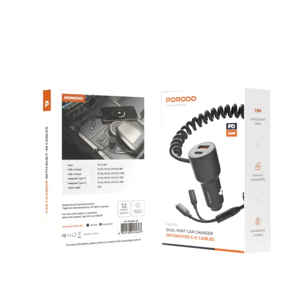 Porodo Dual Port Car Charger Integrated C+C Cables - Black