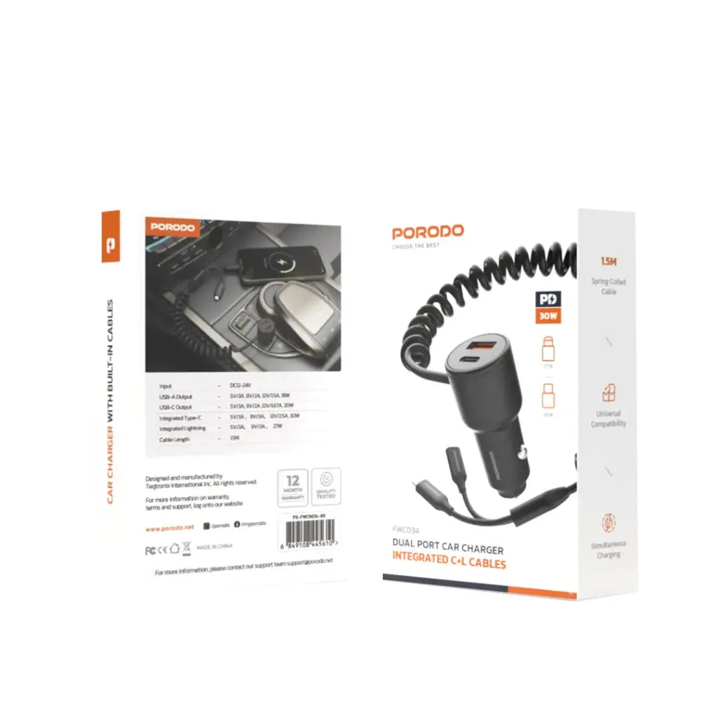 Porodo Dual Port Car Charger Integrated C+L Cables - Black
