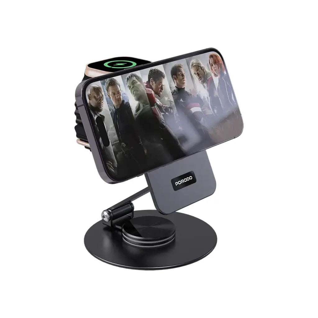 Porodo 15W Portable Metal Foldable Charging Station 360° Stand - Black