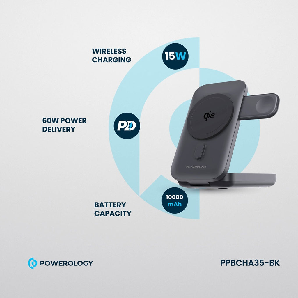 Powerology - 10000mAh Qi2 - 15W iPh15 MagSafe Power Bank - Black - TECH STREET