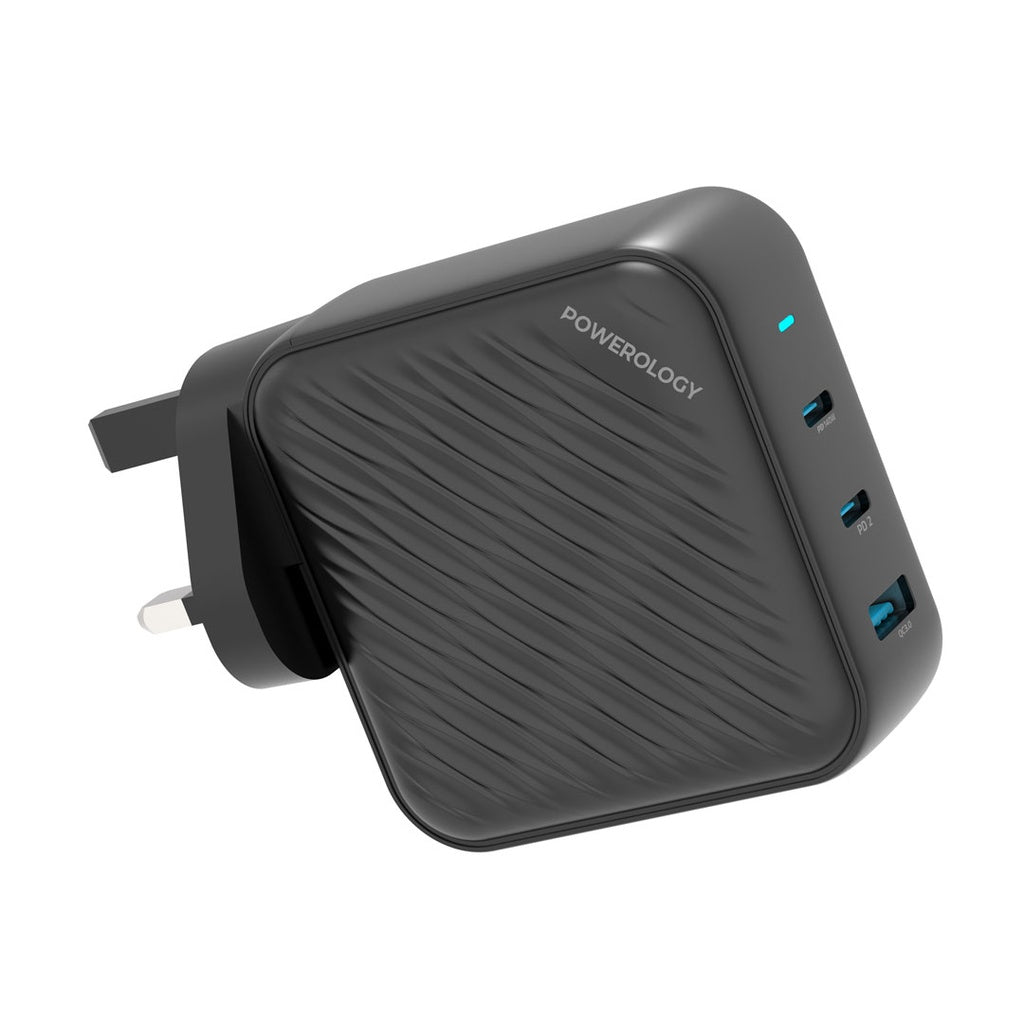 Powerology 140W PD QC 2xUSB-C and 1xUSB-A GaN Charger UK - Black