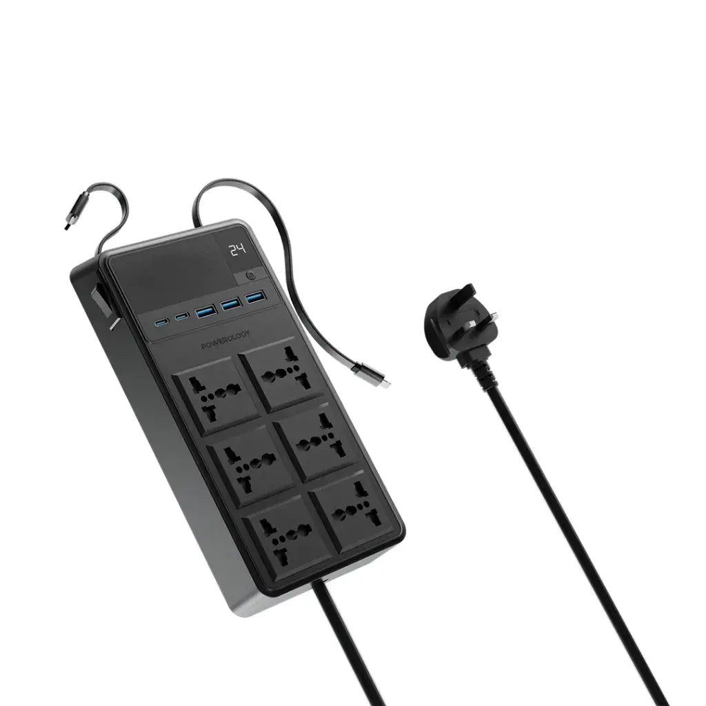 Powerology 6 AC Power Socket With X2 PD20W and X3 QC3.0 Port with USB -C PD20W & Lightning cable (3m wire) - Black