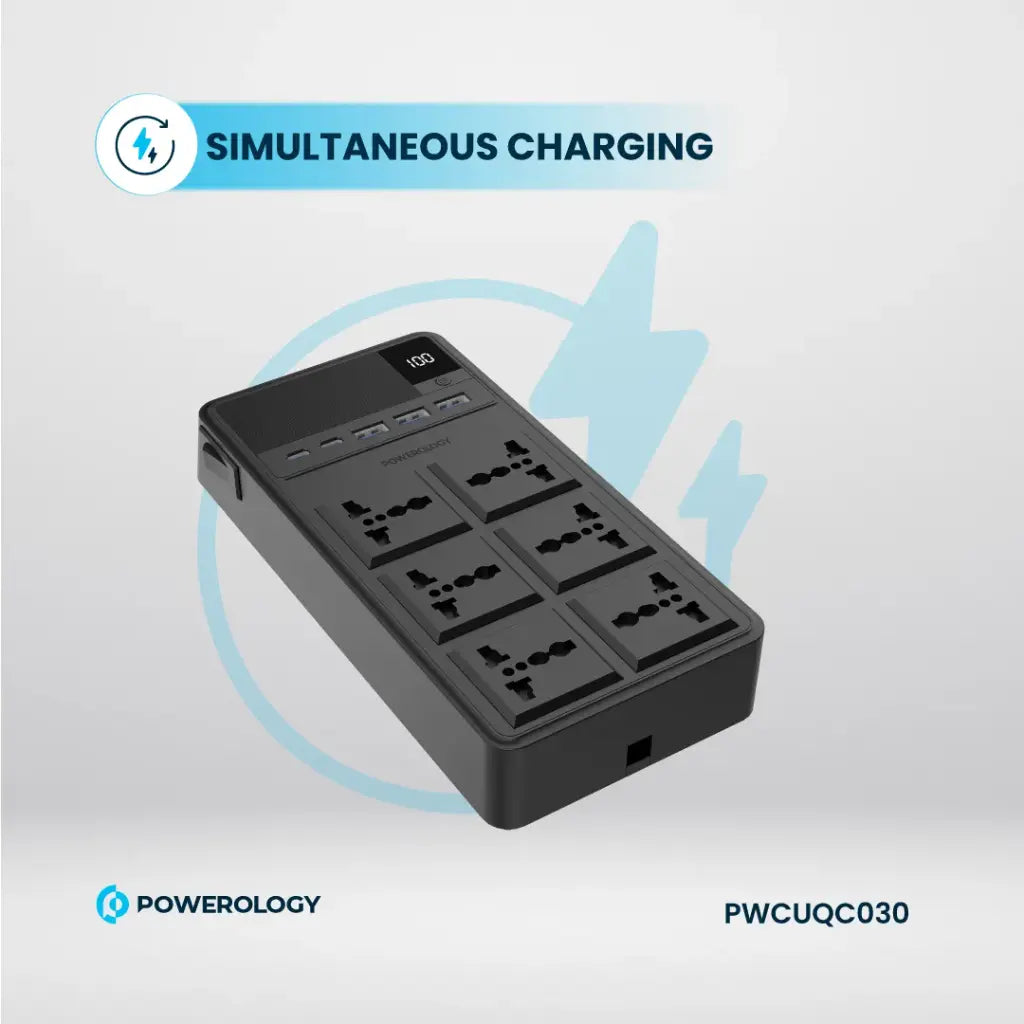 Powerology 6 AC Power Socket With X2 PD20W and X3 QC3.0 Port with USB -C PD20W & Lightning cable (3m wire) - Black
