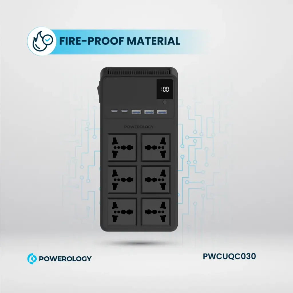 Powerology 6 AC Power Socket With X2 PD20W and X3 QC3.0 Port with USB -C PD20W & Lightning cable (3m wire) - Black