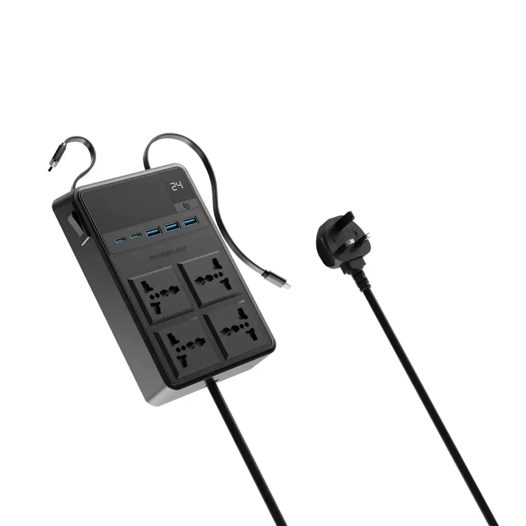 Powerology 4 AC Power Socket With X2 PD20W and X3 QC3.0 Port with USB -C PD20W & Lightning cable (3m wire) - Black