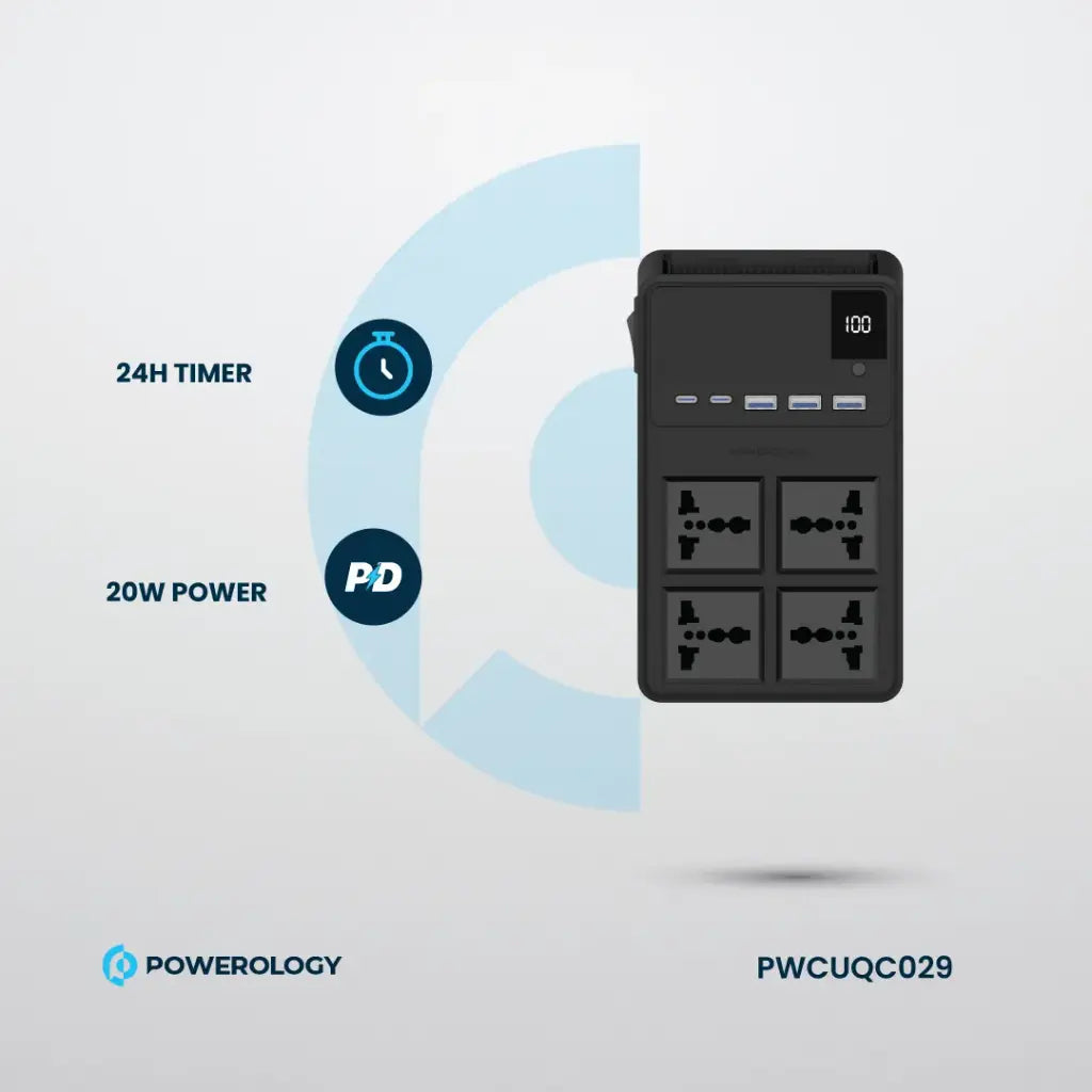 Powerology 4 AC Power Socket With X2 PD20W and X3 QC3.0 Port with USB -C PD20W & Lightning cable (3m wire) - Black